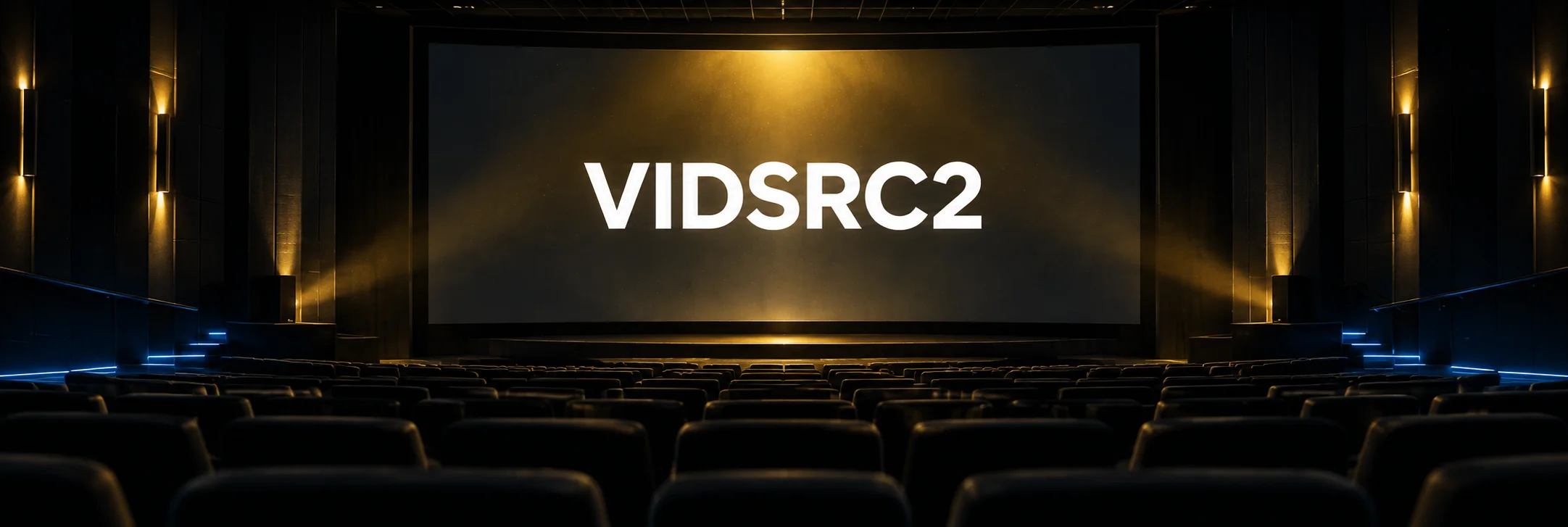 VIDSRC2 on a cinema screen with warm projection and blue aisle lights